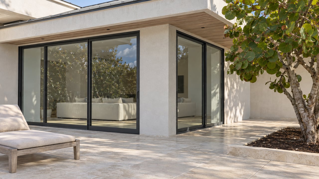Modern white home with broad glass doors opening onto a stone patio beneath a leafy tree.