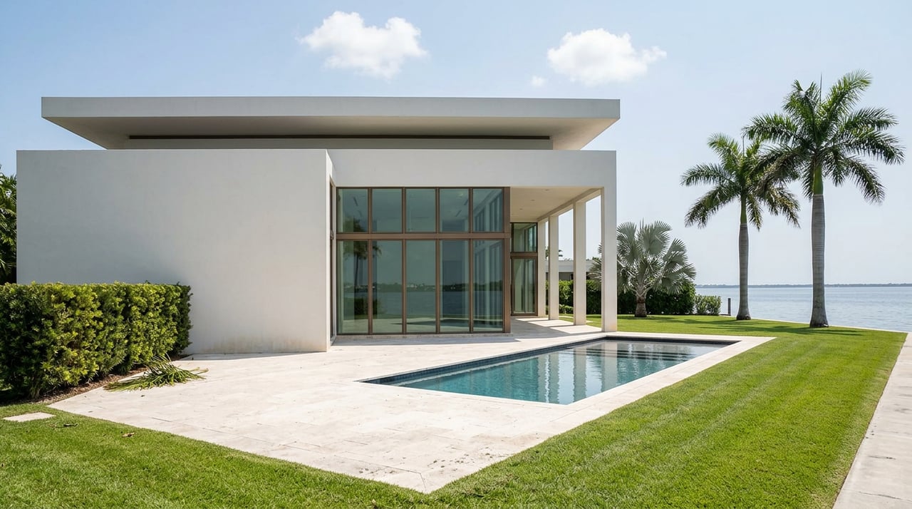 Modern white waterfront home with bronze-framed glass, a rectangular pool, lawn, and royal palms along the water.