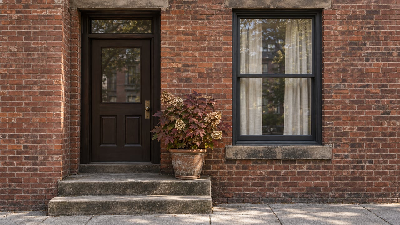 Russet brick home with a recessed brown timber door, tall sash window, worn sandstone steps and a potted oakleaf hydrangea in autumn color.