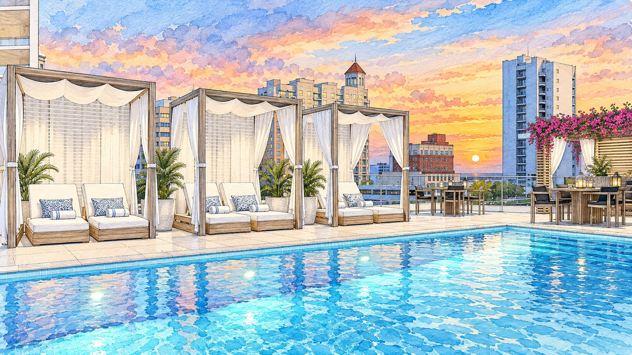 Rooftop pool with curtained cabanas and city skyline at sunset.