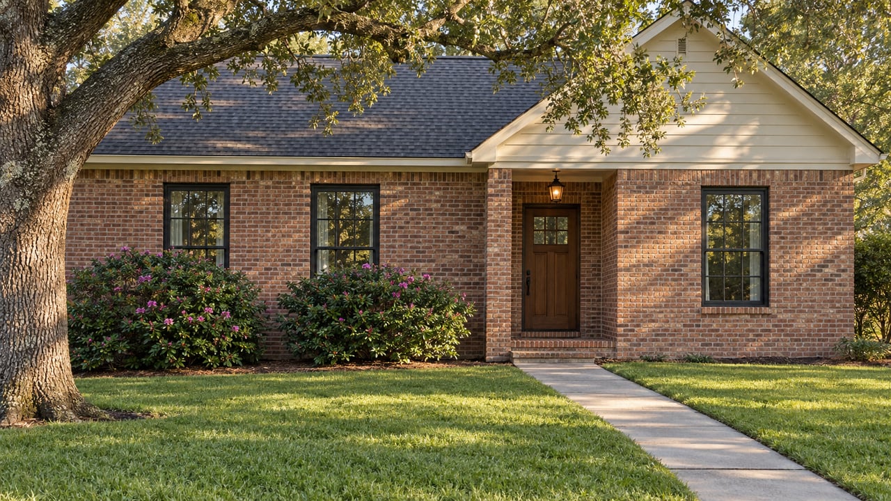 Red-brown brick house with a recessed timber door, oak canopy, and concrete walk across the lawn.