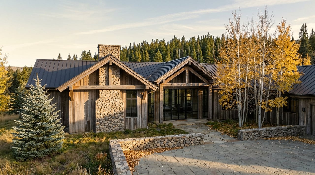 Mountain home with timber beams, stone chimney, golden aspens, and a spruce beside its broad stone motor court.