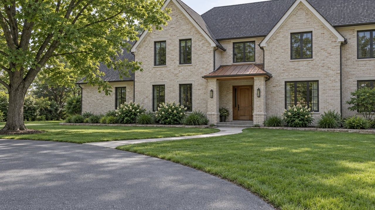 Buff-brick two-story house beyond a deep spring lawn, with a curved driveway, mature maple and recessed oak entry.
