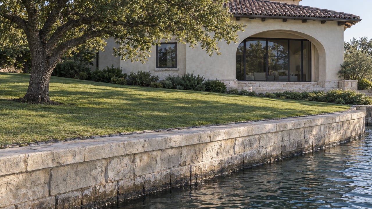 Lakeside stucco house with a recessed arched window, sloping lawn, oak tree, and limestone wall above rippled water.