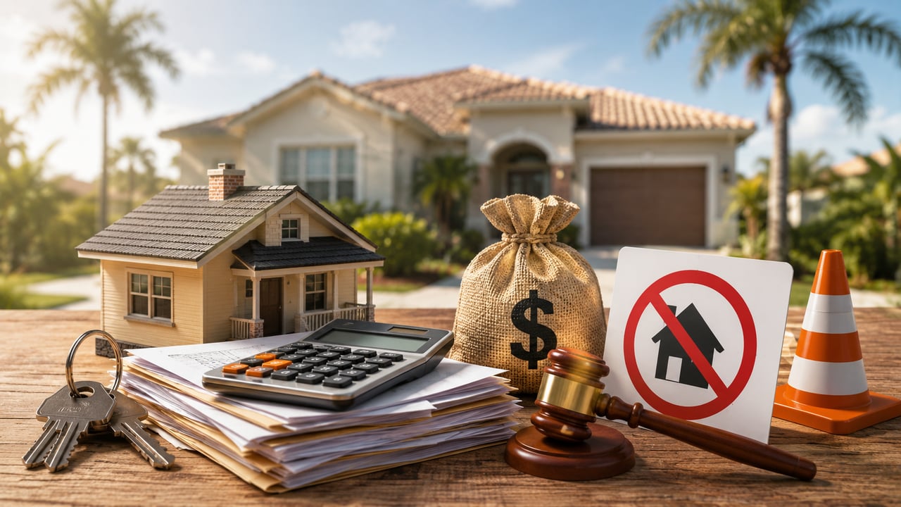 Photorealistic illustration of a Florida home with legal documents, calculator, house keys, and a judge's gavel representing back property taxes, code violations, probate, and inherited property issues for homeowners and estate representatives in Florida.