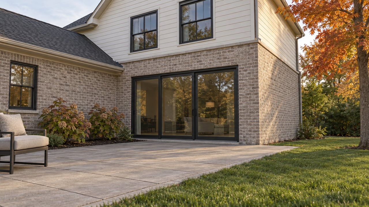 A gray-brick and ivory-sided home opens onto a weathered stone-gray terrace beside an autumn lawn and oakleaf hydrangeas.