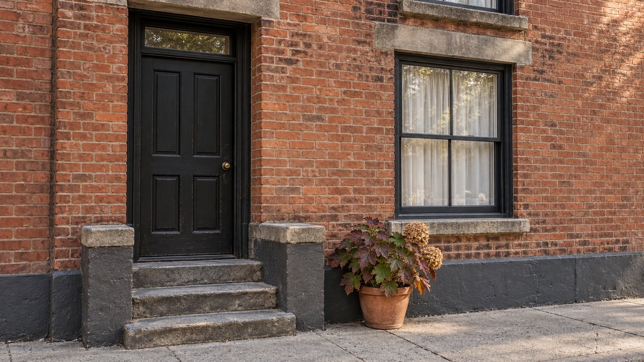 Black paneled entry door and sash windows in weathered red brick above a worn stone stoop, with one potted oakleaf hydrangea.