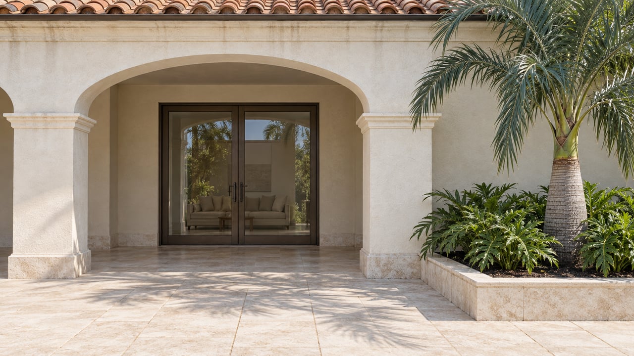 Ivory stucco home with a terracotta roof, an arched loggia, limestone terrace and a sculptural palm in a raised planting bed.