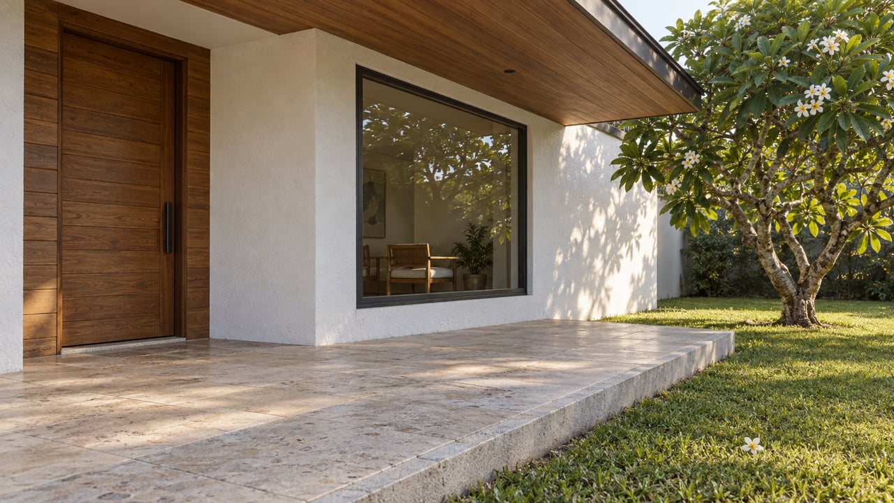 A shaded limestone entry terrace beside a white stucco home, with a wood door, dark-framed window and flowering tree above a sunlit lawn.