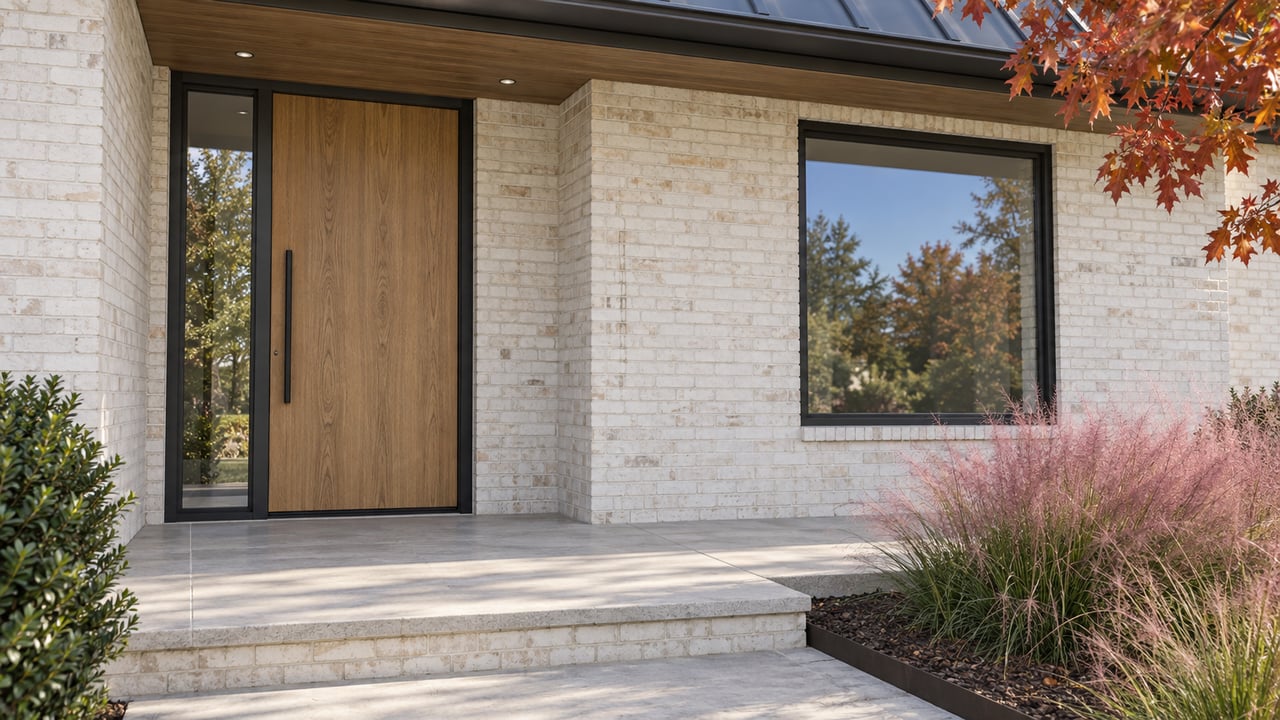 Recessed oak front door with a glass sidelight, white brick, and rust-red leaves above pink muhly grass.
