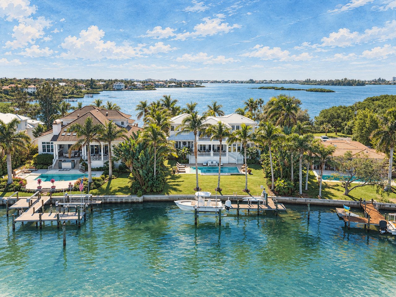 Waterfront homes with palm trees, pools, and private docks along a blue bay.