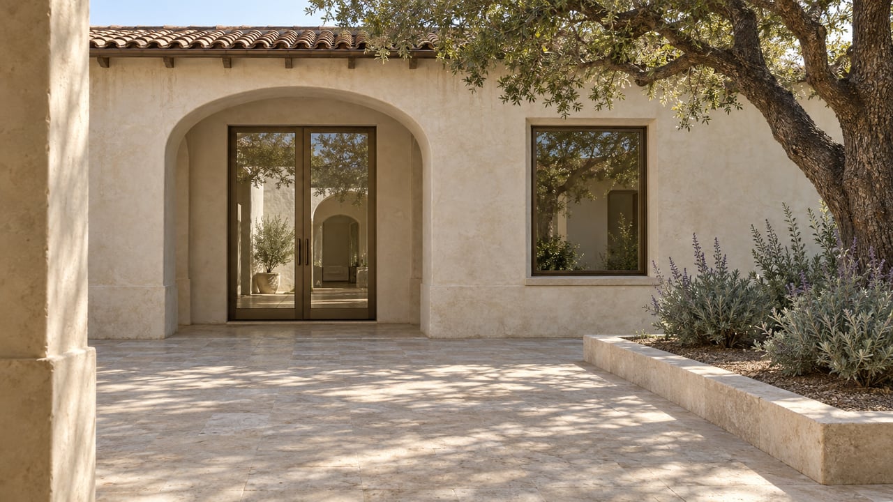 Mediterranean-style home entrance with arched glass doors and a shaded stone courtyard.