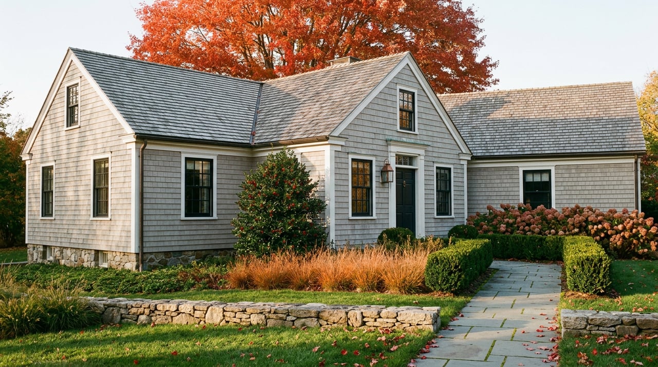 Shingle-style house with a dormer, framed by scarlet-orange maple foliage and autumn plantings.
