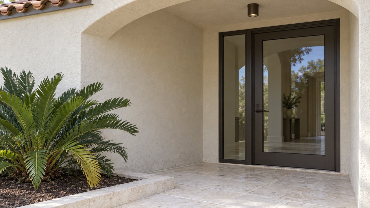 Cream stucco arched entry with a bronze glazed door, terracotta tiles, limestone paving and a single coontie specimen.