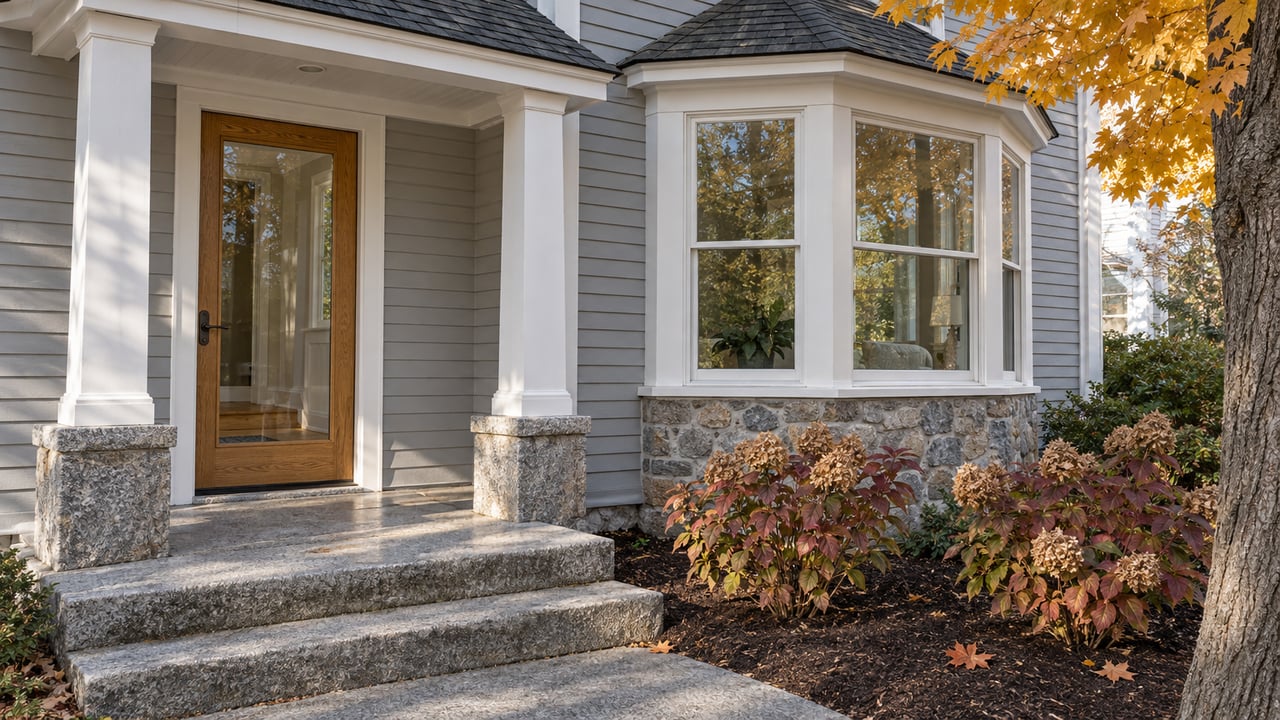Gray clapboard home with a glazed oak entry, white-trimmed bay window, weathered granite steps and burgundy oakleaf hydrangeas.