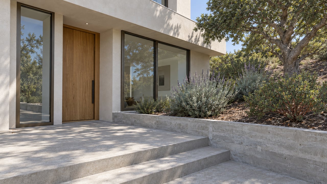 Sunlit concrete entry approach beside native planting, leading to a warm stucco home with an oak door and bronze-framed windows.