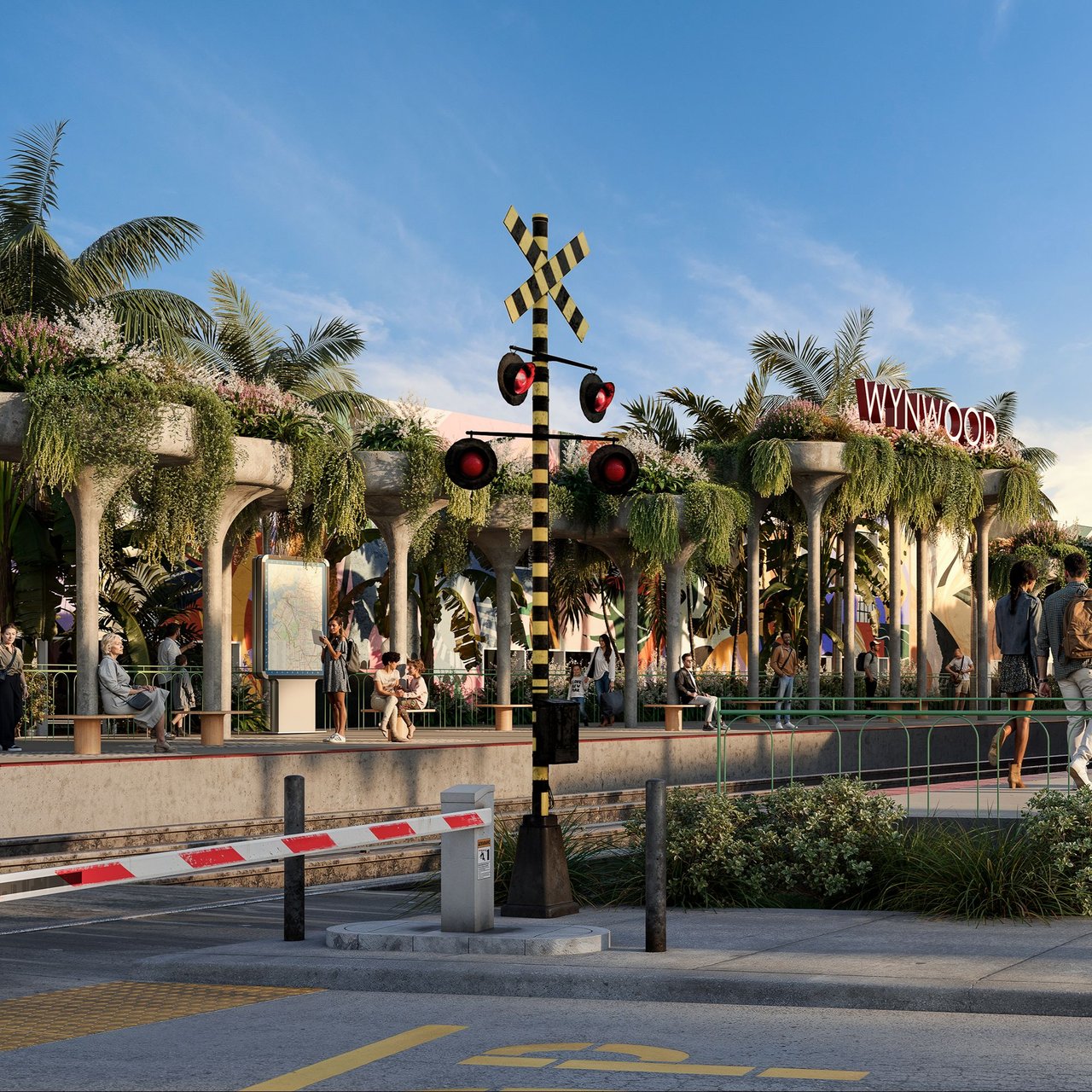 Rendered Wynwood streetscape with palm trees, pedestrians, and a railroad crossing.