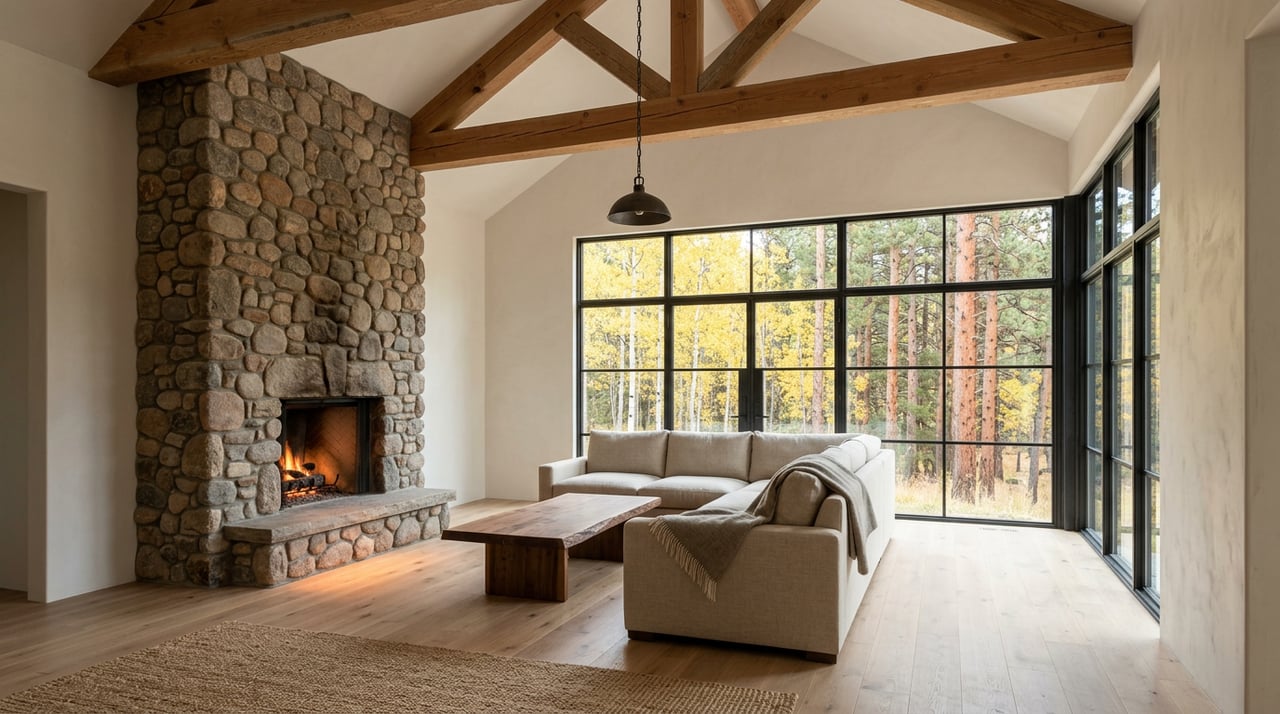 Double-height lodge great room with a fieldstone hearth, linen sectional, timber trusses, and golden aspens beyond black-framed windows.