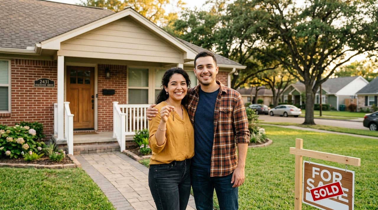 Hispanic couple holding house keys in front of a sold brick home in a Houston suburban neighborhood, For Sale Sold sign visible.
