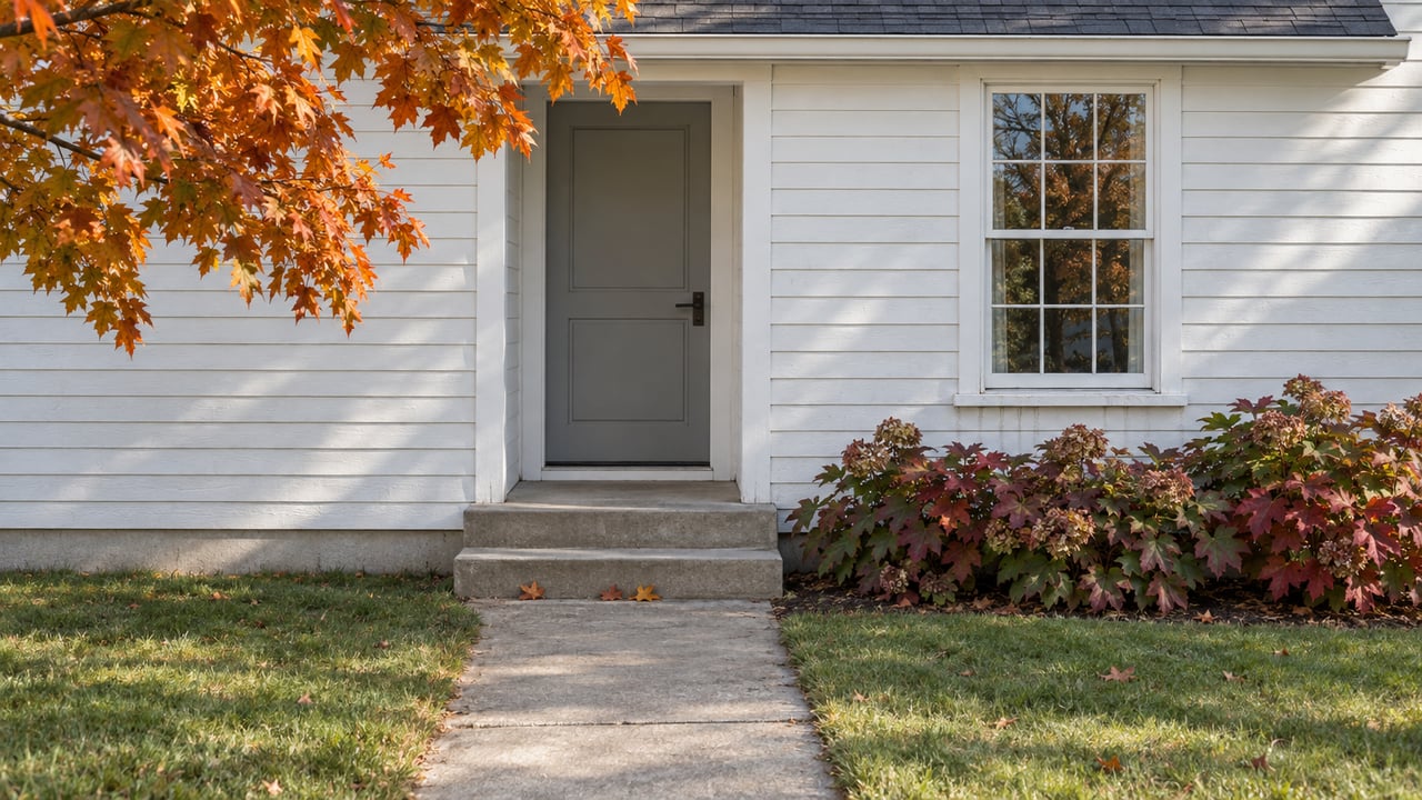 Detached home entrance with a gray door, concrete steps, and orange autumn leaves beside the lawn.