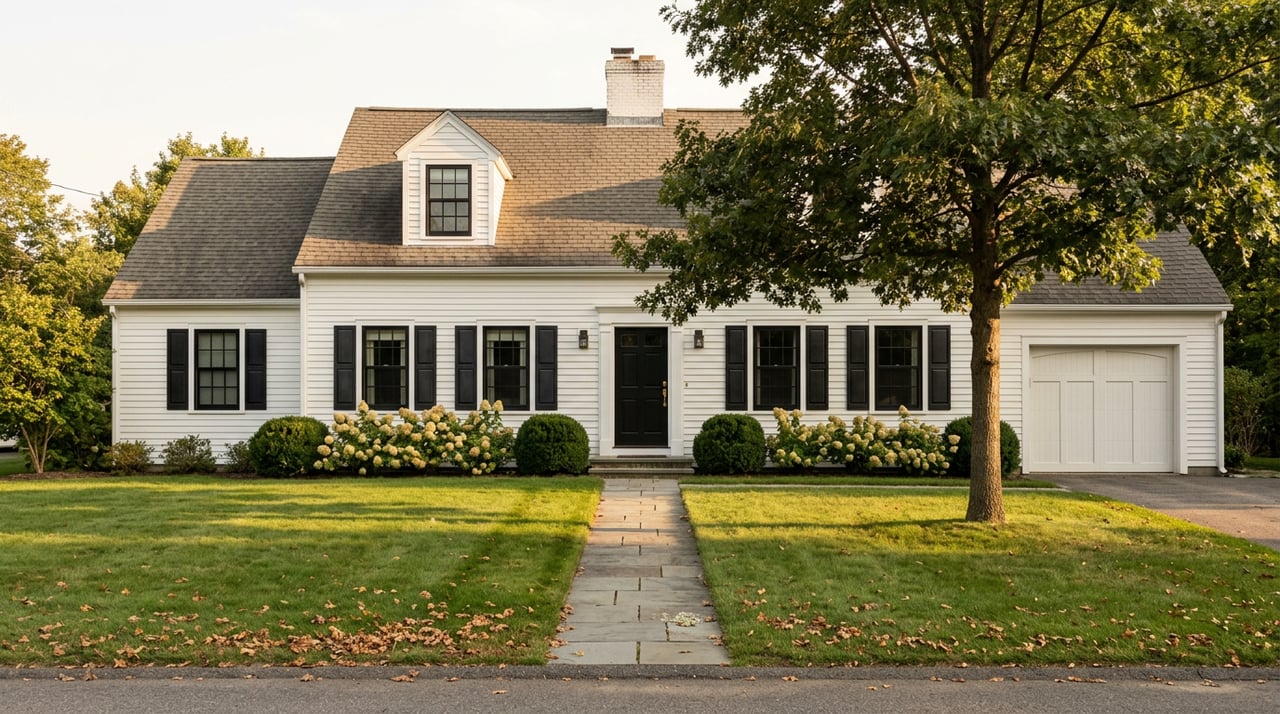 White clapboard colonial with black shutters, a broad front lawn, and an oak casting long shadows.