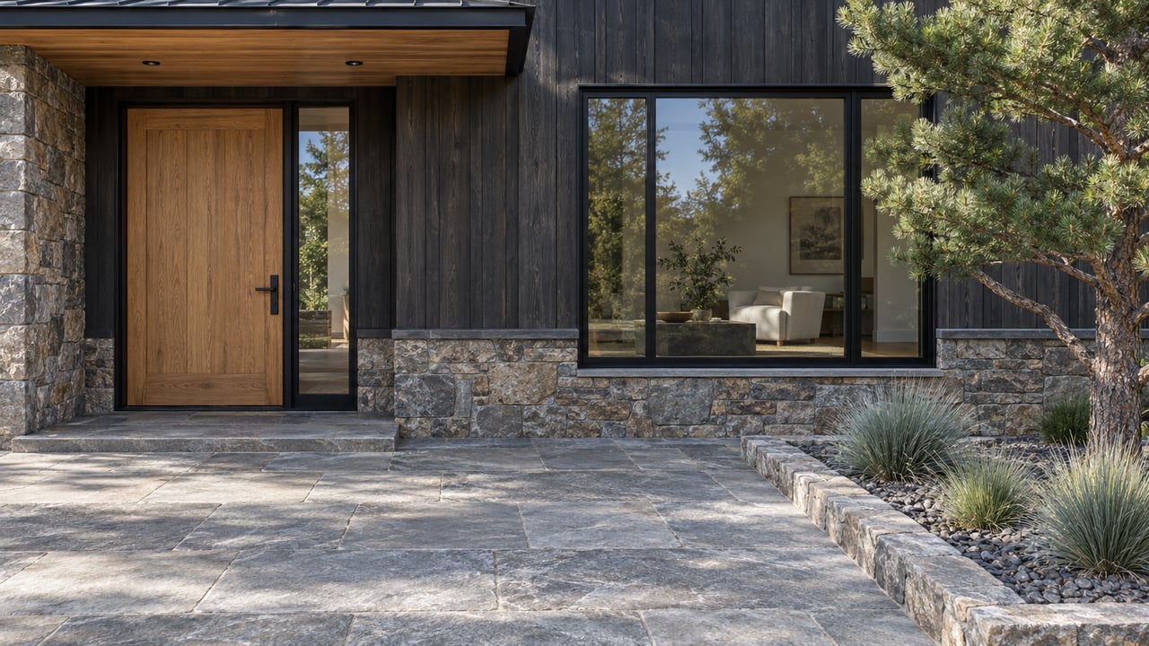 Contemporary dark-clad home entry with an oak door, broad stone landing, large living-room window and a sculptural pine.