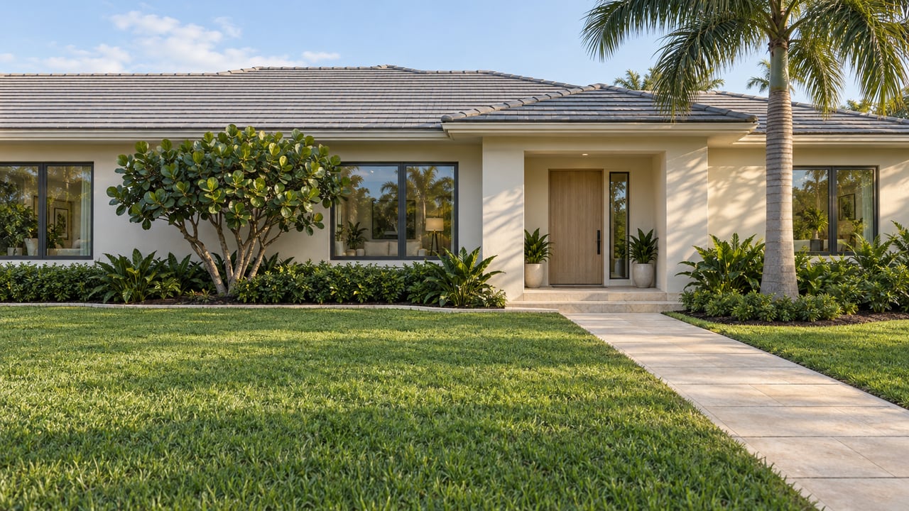 Sunlit light-stucco home with a low tiled roof, broad front lawn, paver entry walk, and a mature palm.