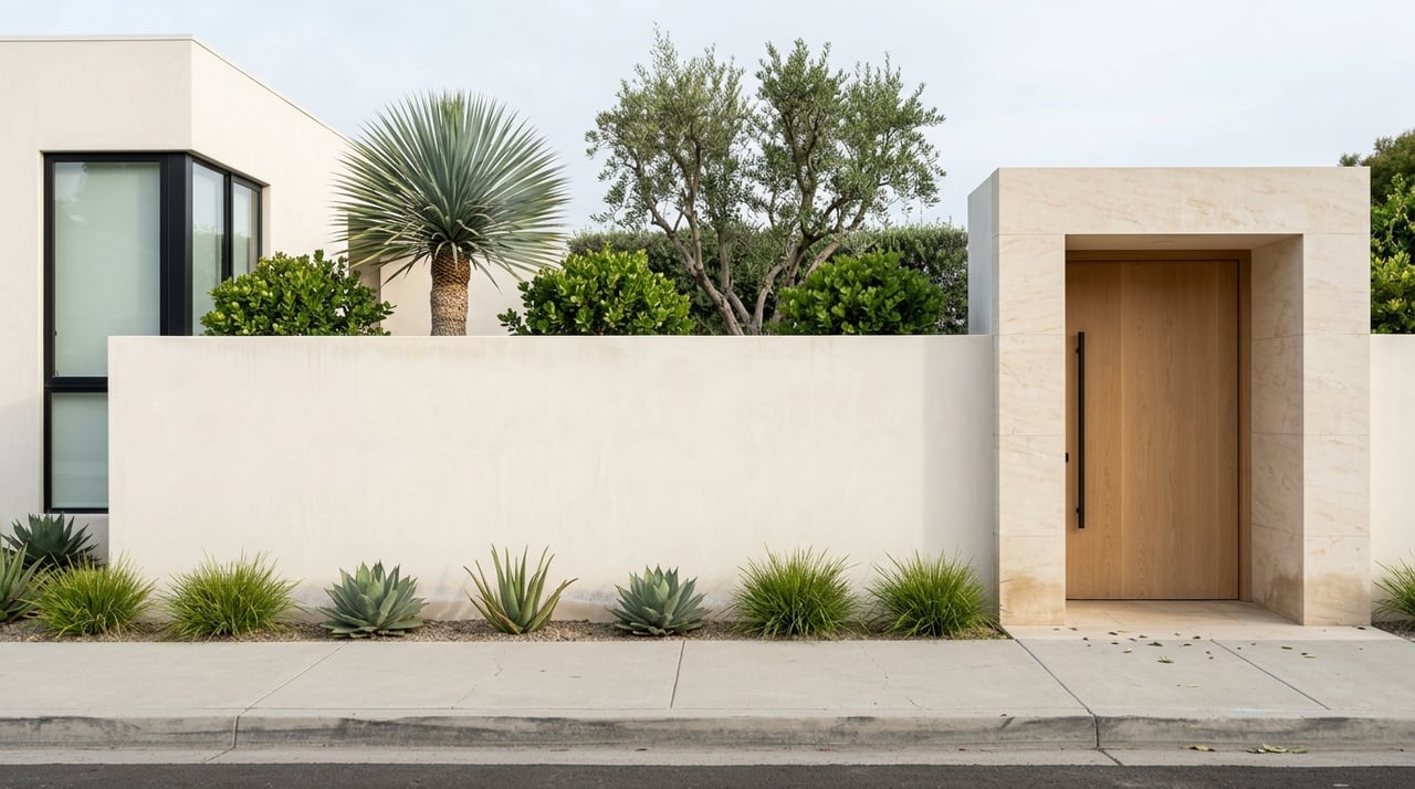 Warm-white stucco privacy wall with recessed oak entry, black-framed window, limestone reveal, and drought-tolerant planting.