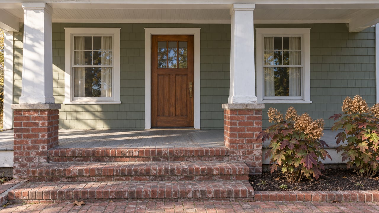 Covered sage-sided home entry with a wood door, white porch columns, worn brick steps and oakleaf hydrangeas in autumn color.