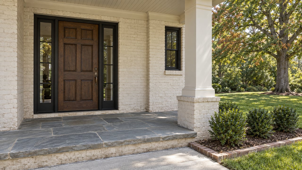 Home entrance with a dark wood door, white brick porch, stone steps, and landscaped yard.