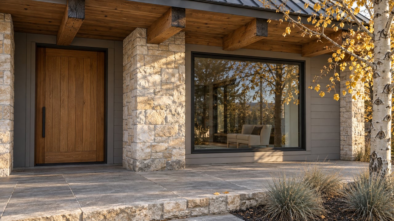 Autumn sunlight on a timber-roofed entry with cream stone, an oak door, black-framed glazing, and a golden-leaved aspen.
