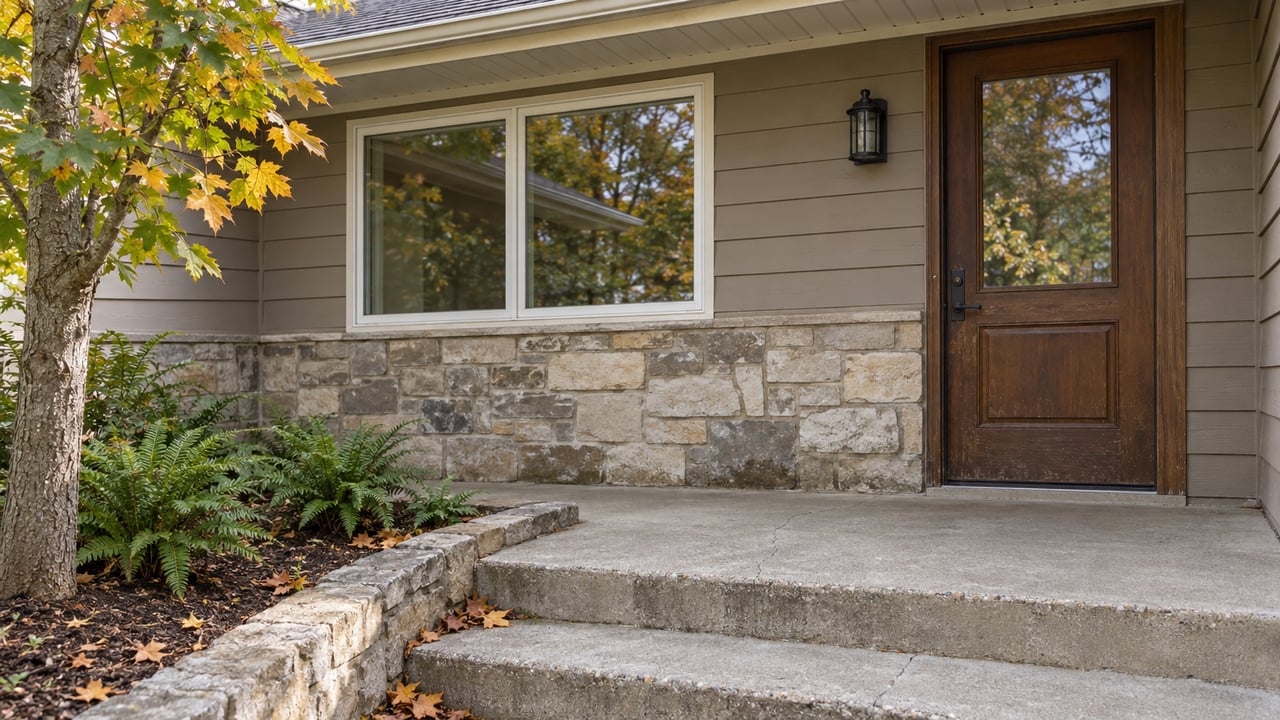 Covered home entry with taupe siding, limestone veneer, worn concrete steps and a maple beginning to turn gold.