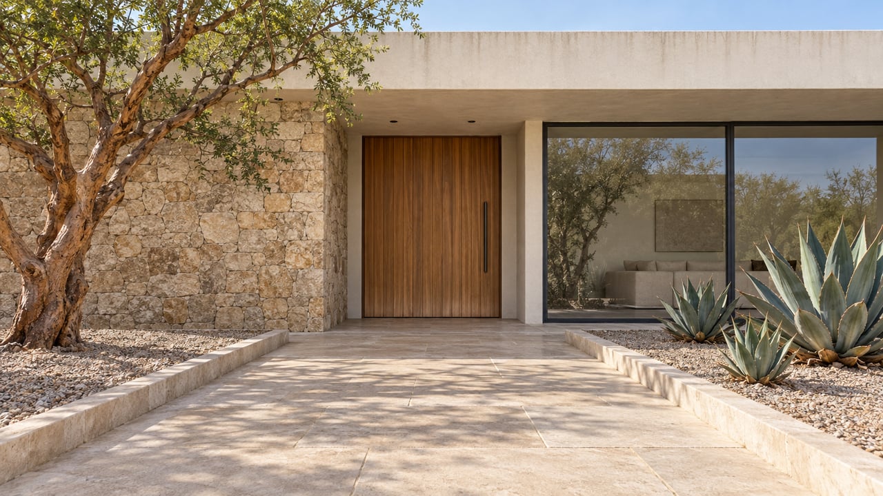A sand-white villa with a recessed wood door, tawny stone wall and closed glass panels, approached across beige paving between a sculptural elephant tree and three agaves.