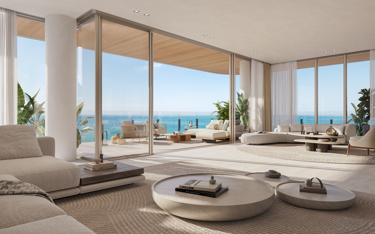 Ocean House Surfside living room rendering opening to an oceanfront terrace.