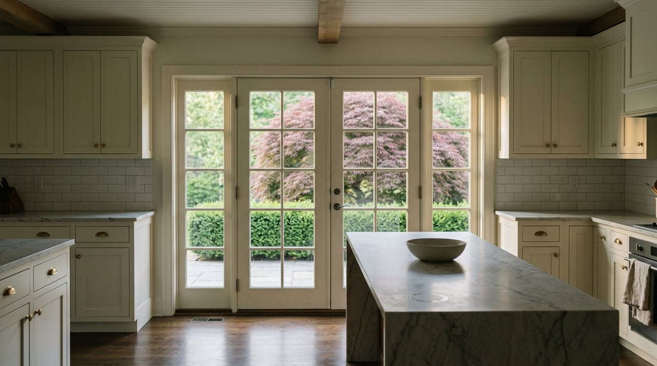 Ivory kitchen island faces French doors, with a clipped hedge and red-purple Japanese maple visible outside.