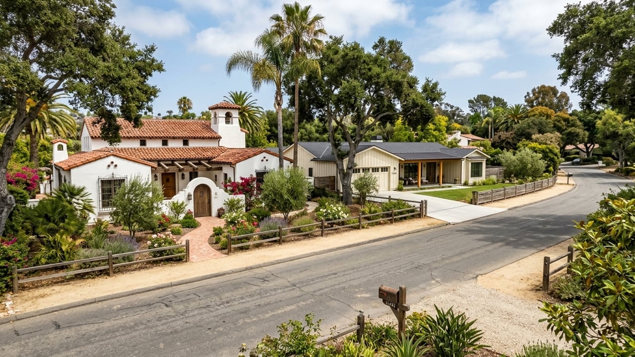 Spanish-style stucco home with a red tile roof, arched entry, and landscaped front yard.