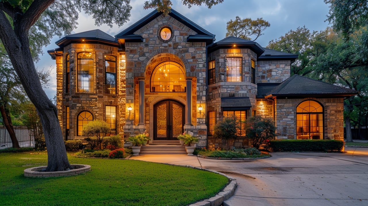 Two-story stone home with an arched entrance and warmly lit windows at dusk.