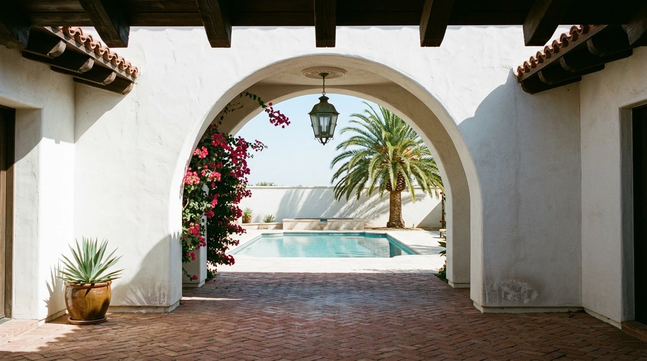 Stucco arch frames a courtyard with an iron lantern, aqua pool, palm, and brick pavers.
