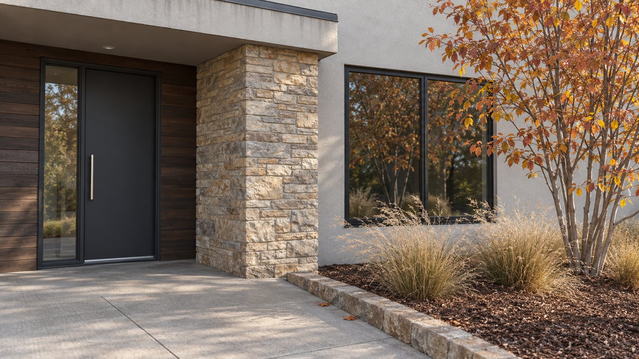 Covered entry with pale stucco, a sandstone pier, dark cedar cladding and autumn serviceberry beside a concrete porch.