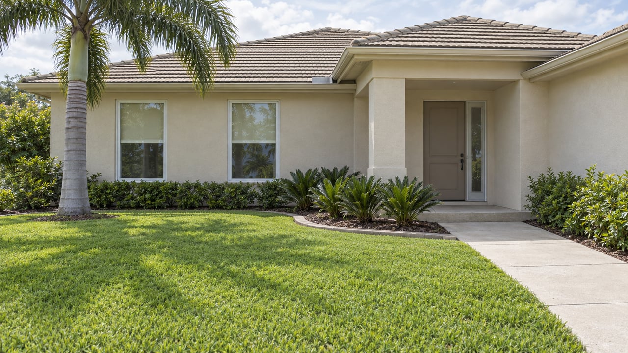 Ivory stucco home with a tiled hip roof, deep front lawn, tall windows and a recessed entry beside a specimen palm.