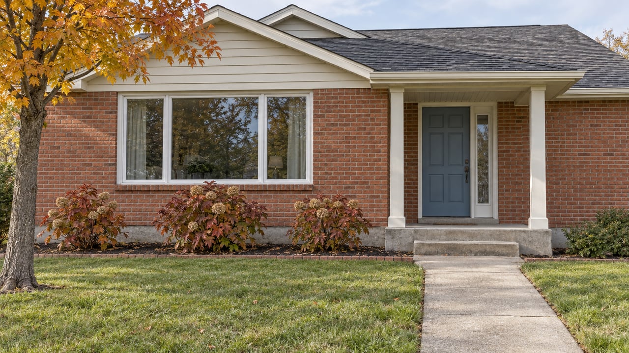 A modest brick ranch with an ivory gable, covered blue-door entry, concrete front walk and autumn oakleaf hydrangeas.