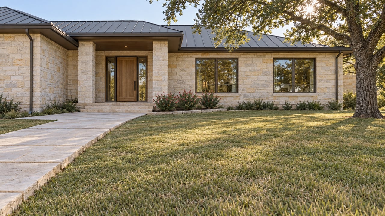 Single-story stone home with a dark metal roof, wood entry door, and stone walkway across the lawn.