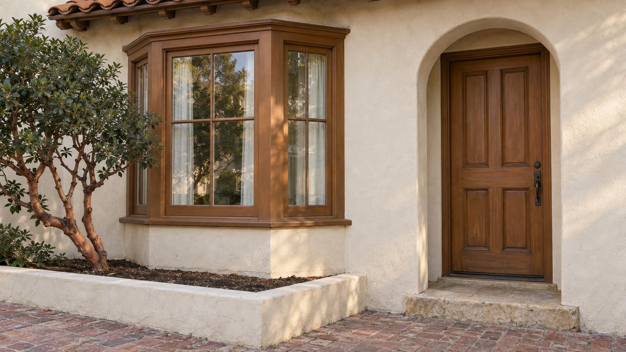 Cream-stucco residence with a wood-framed bay window, arched wooden door, brick approach, and raised bed with one tree.