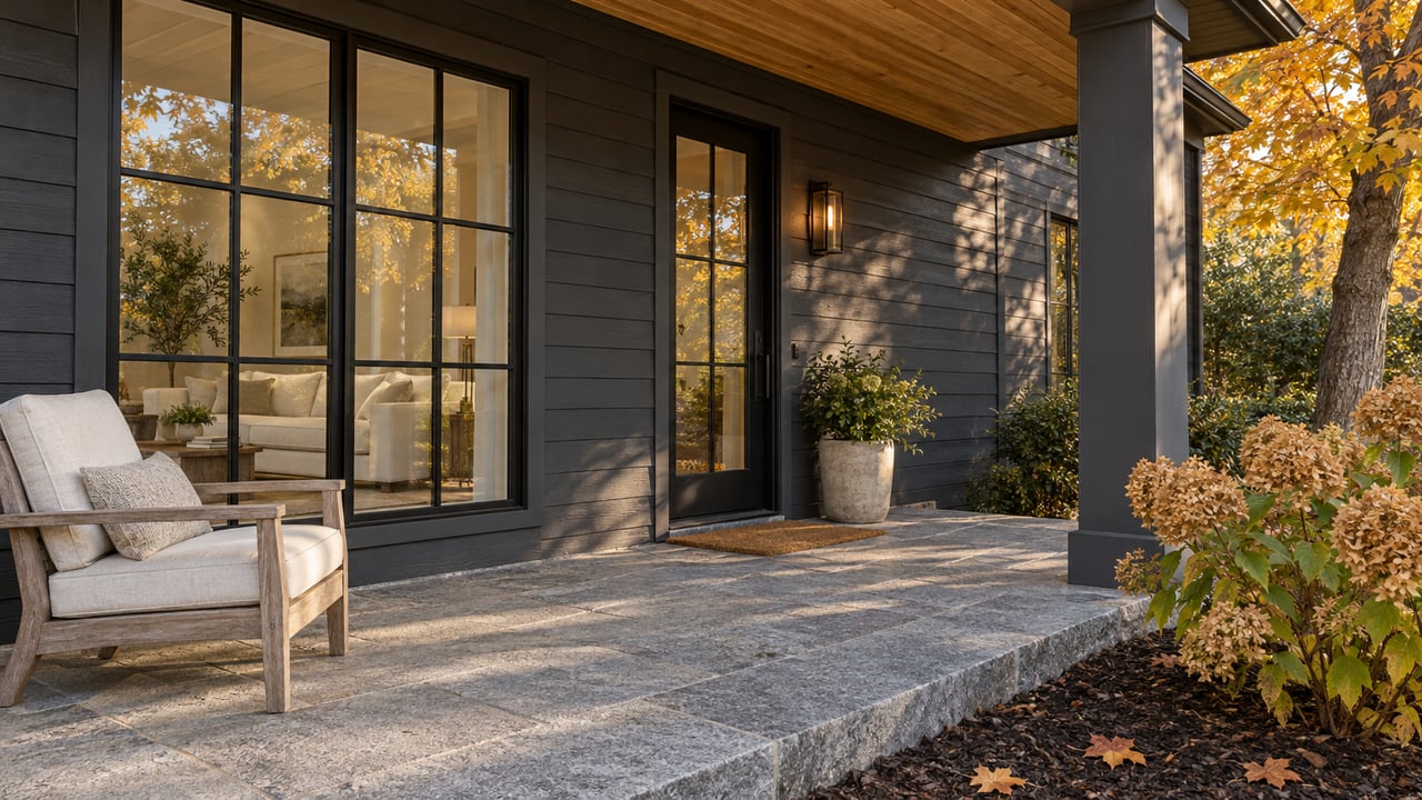 Charcoal cedar home with a covered granite porch, teak chair, black-framed glazing and amber autumn planting.