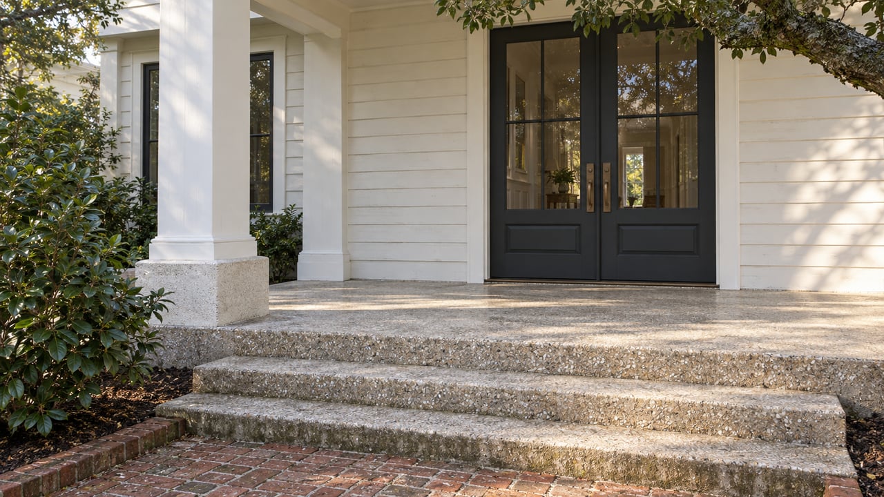 White timber porch with charcoal glazed entry doors, shell-tabby steps and a weathered brick walk beneath an oak branch.