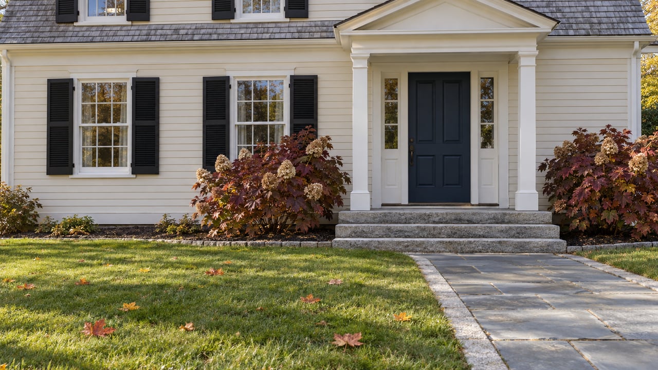 Ivory clapboard home with black shutters, a navy front door, granite steps, and an autumn lawn.