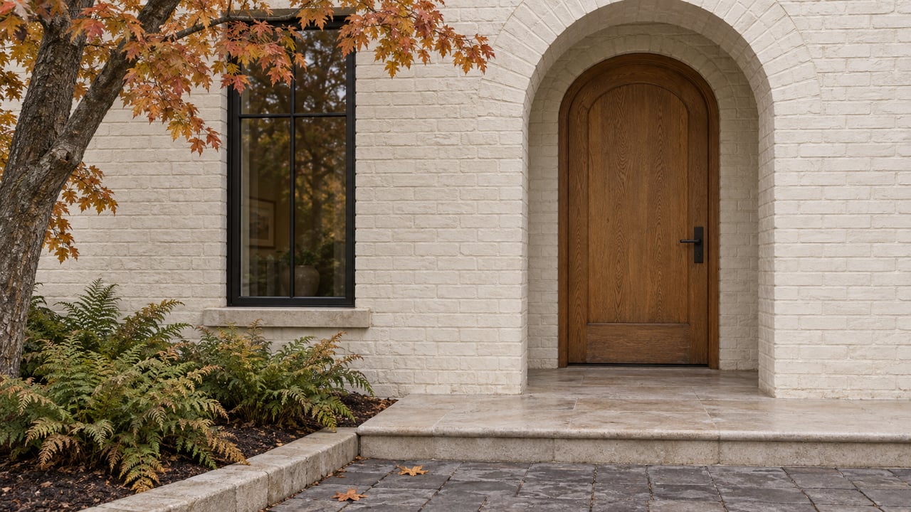 Arched oak entrance in white painted brick beside a tall black-framed window, with limestone steps and autumn maple leaves.