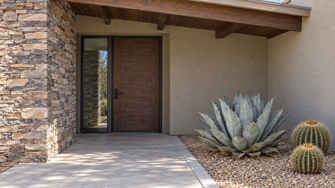 Recessed timber entry beneath a broad roof overhang, with stacked stone, sand-colored stucco and agave beside a concrete approach.