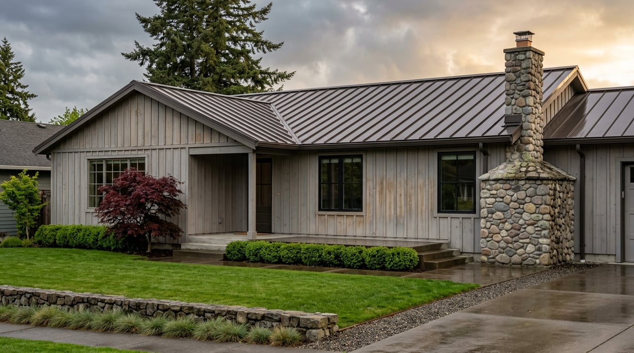 Gray cedar home with a stone chimney and red Japanese maple, its wet lawn glowing beneath clearing storm clouds.