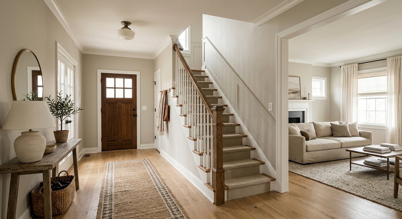 Foyer with an oak staircase and oatmeal runner, an entry rug, and a glimpse of a sofa and Monstera.